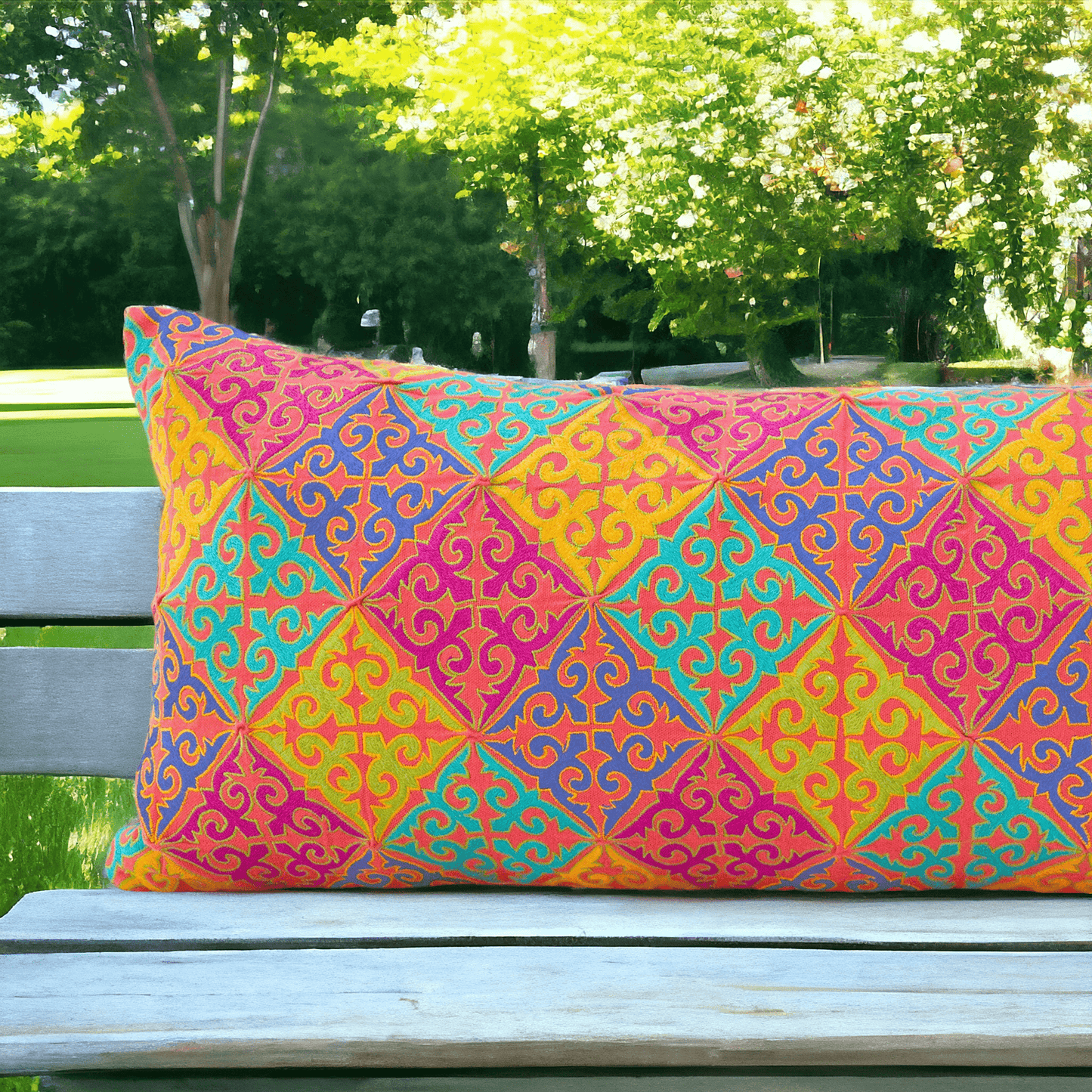 KASHIDAKAARI - Coral Red Long Lumbar cotton pillow cover with multicolour Shyrdak inspired embroidery, sizes available