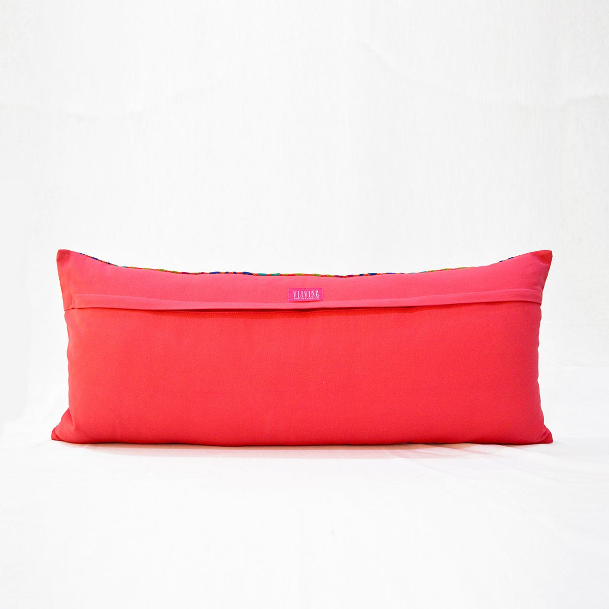 KASHIDAKAARI - Coral Red Long Lumbar cotton pillow cover with multicolour Shyrdak inspired embroidery, sizes available
