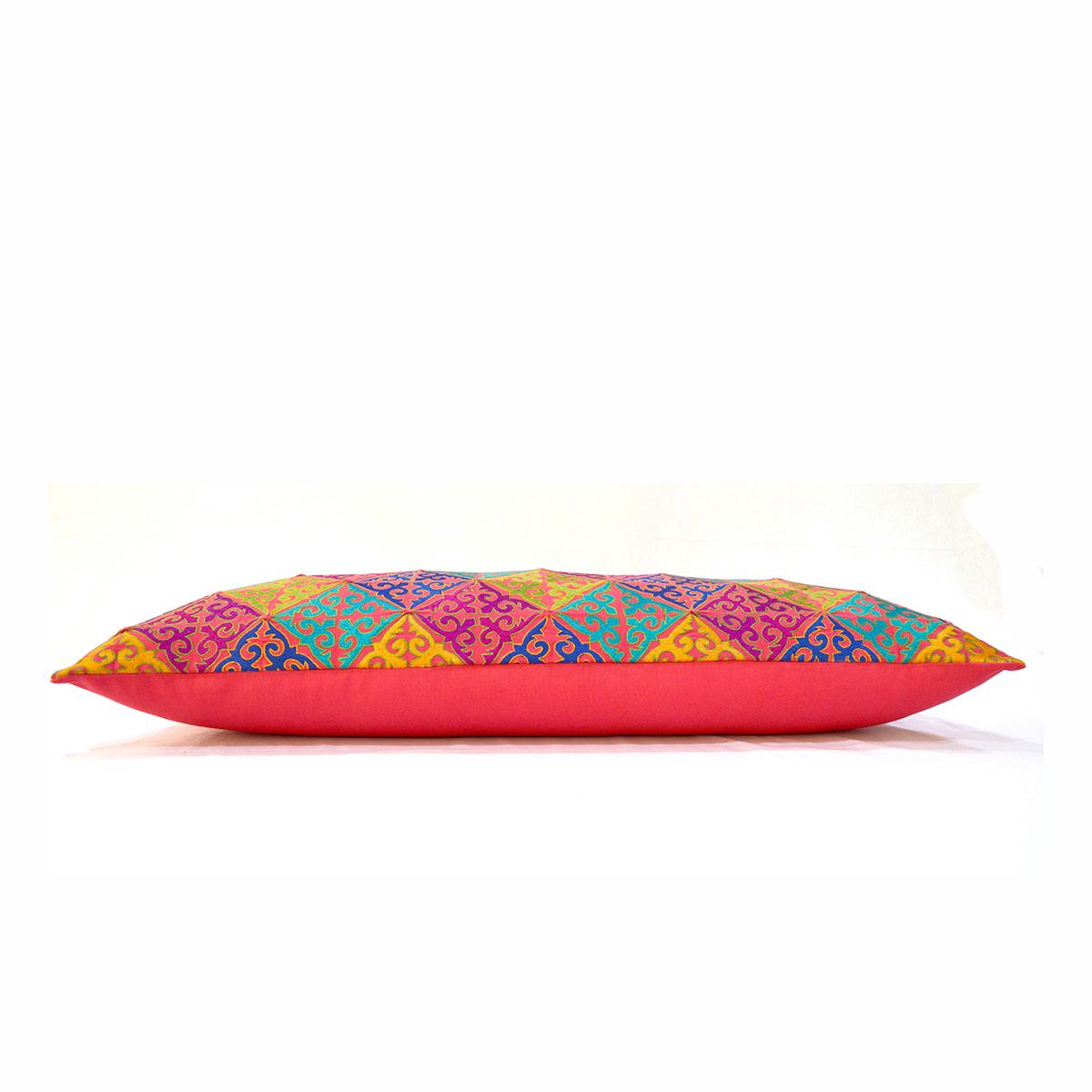 KASHIDAKAARI - Coral Red Long Lumbar cotton pillow cover with multicolour Shyrdak inspired embroidery, sizes available