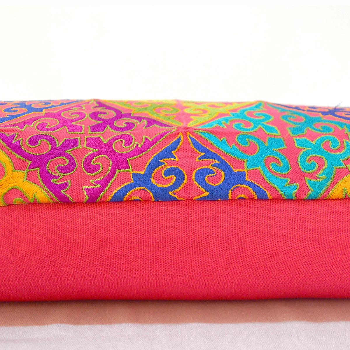 KASHIDAKAARI - Coral Red Long Lumbar cotton pillow cover with multicolour Shyrdak inspired embroidery, sizes available