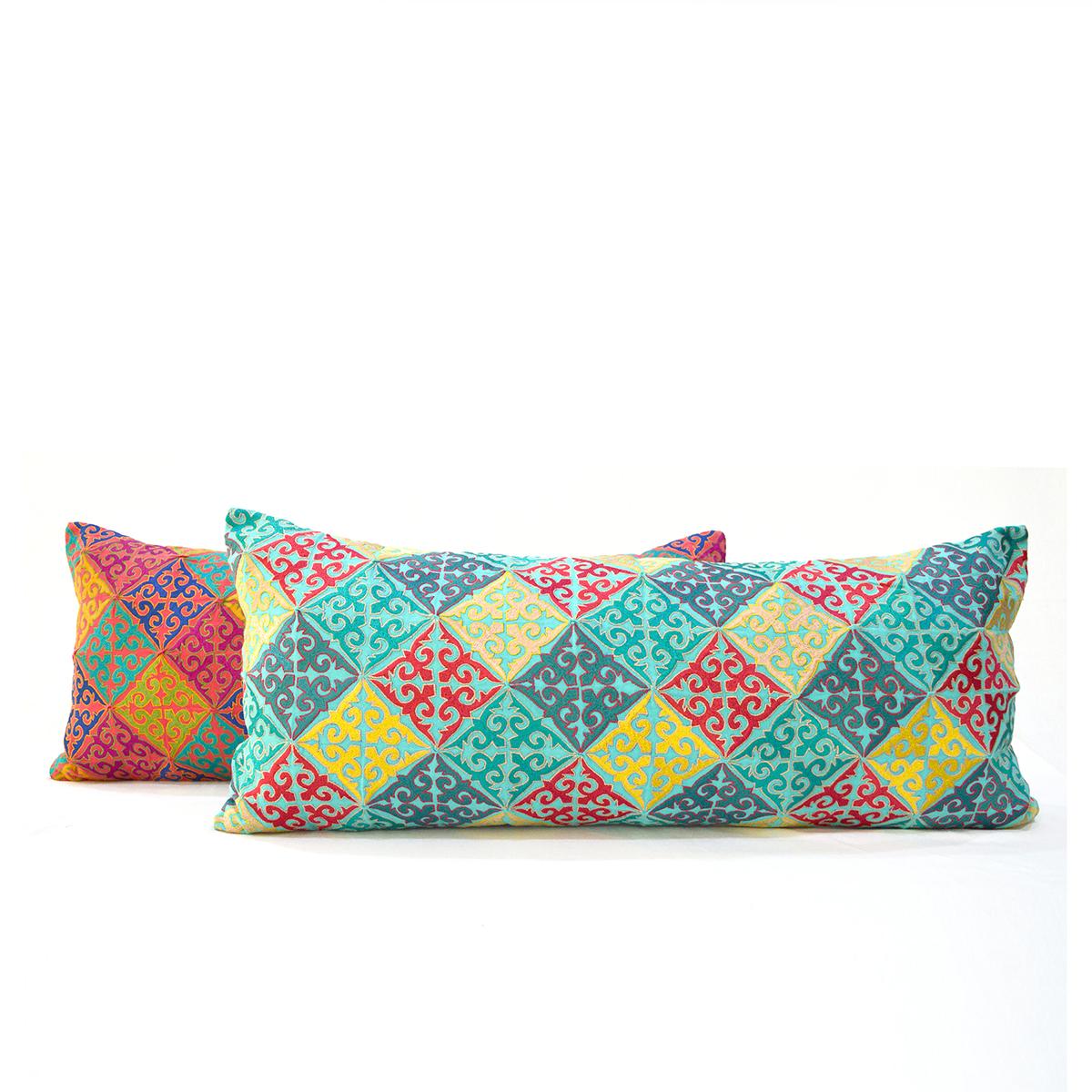 KASHIDAKAARI - Turquoise cotton Long Lumbar pillow cover with multicolour Shyrdak inspired embroidery, sizes available