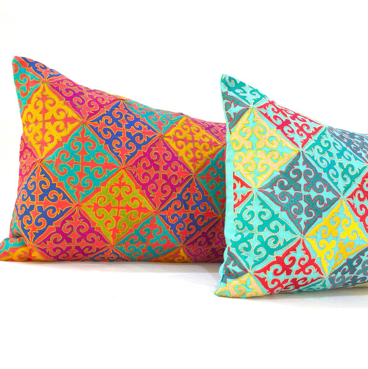 KASHIDAKAARI - Turquoise cotton Long Lumbar pillow cover with multicolour Shyrdak inspired embroidery, sizes available