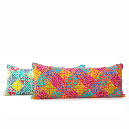 KASHIDAKAARI - Coral Red Long Lumbar cotton pillow cover with multicolour Shyrdak inspired embroidery, sizes available