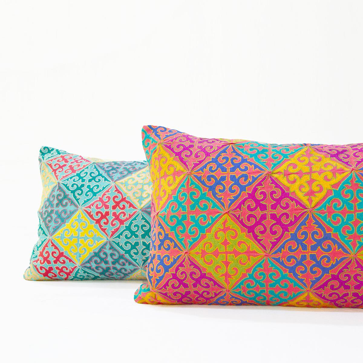 KASHIDAKAARI - Coral Red Long Lumbar cotton pillow cover with multicolour Shyrdak inspired embroidery, sizes available