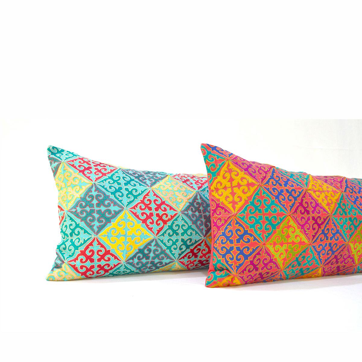 KASHIDAKAARI - Coral Red Long Lumbar cotton pillow cover with multicolour Shyrdak inspired embroidery, sizes available