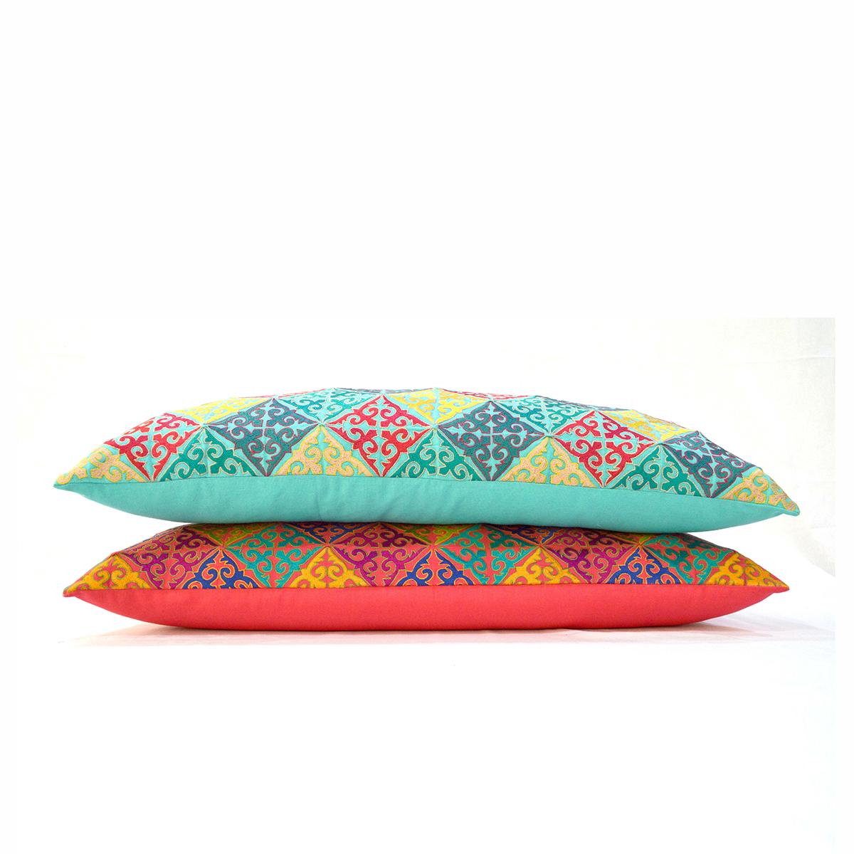 KASHIDAKAARI - Turquoise cotton Long Lumbar pillow cover with multicolour Shyrdak inspired embroidery, sizes available