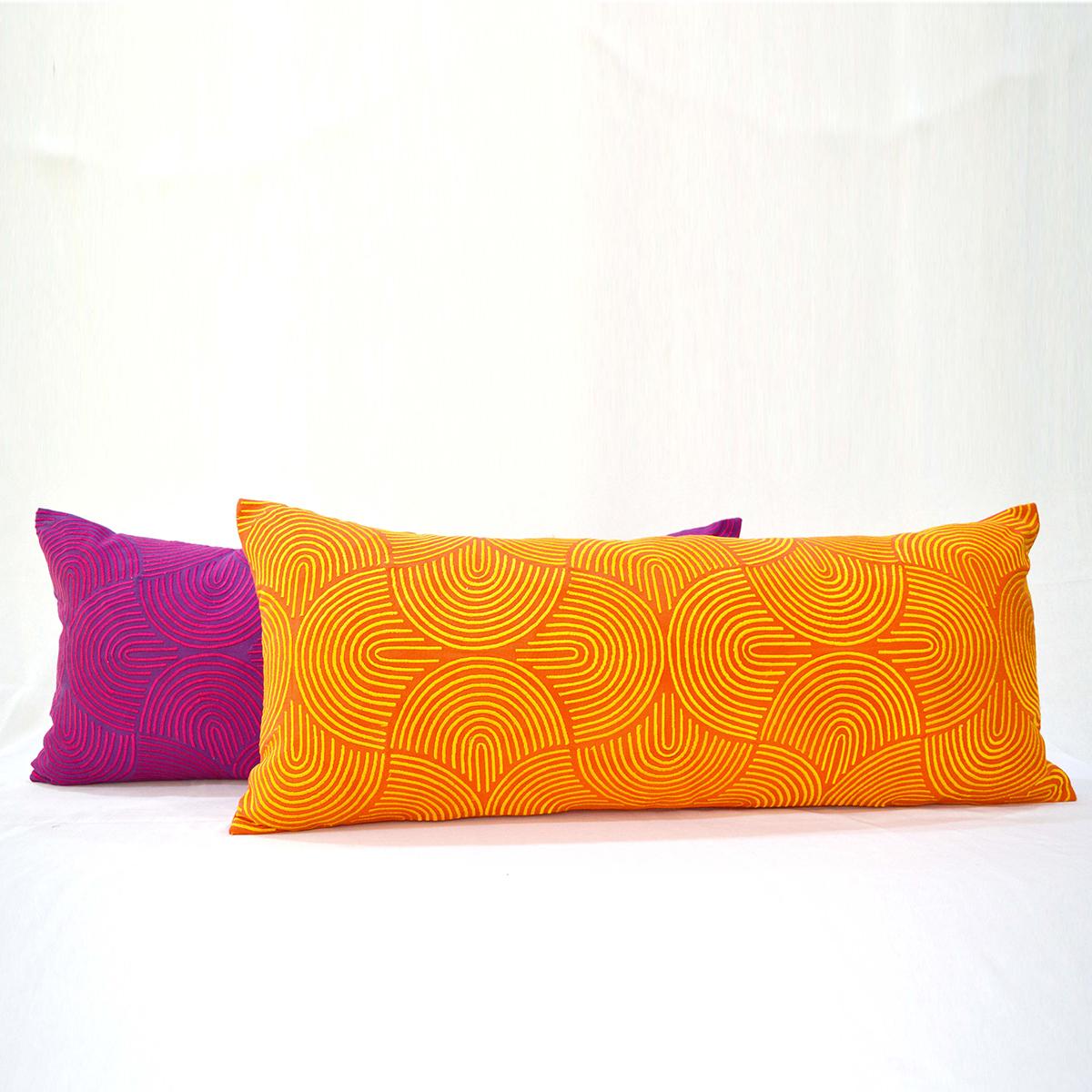 KASHIDAKAARI - Tangerine Long Lumbar Pillow cover with modern retro pattern embroidery, sizes available