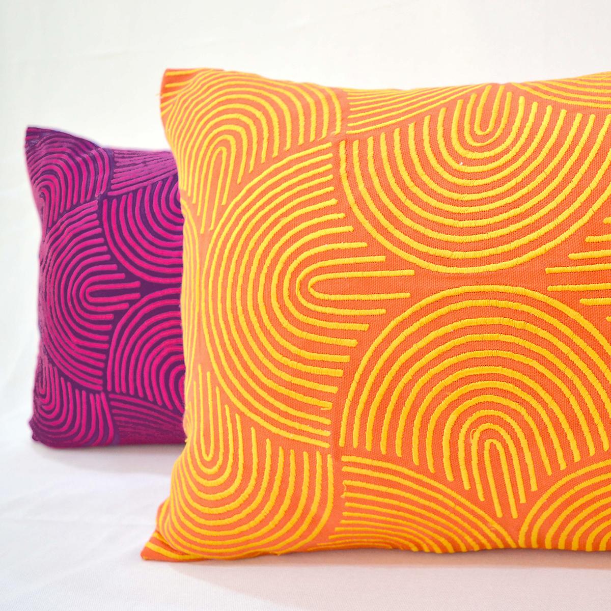 KASHIDAKAARI - Tangerine Long Lumbar Pillow cover with modern retro pattern embroidery, sizes available