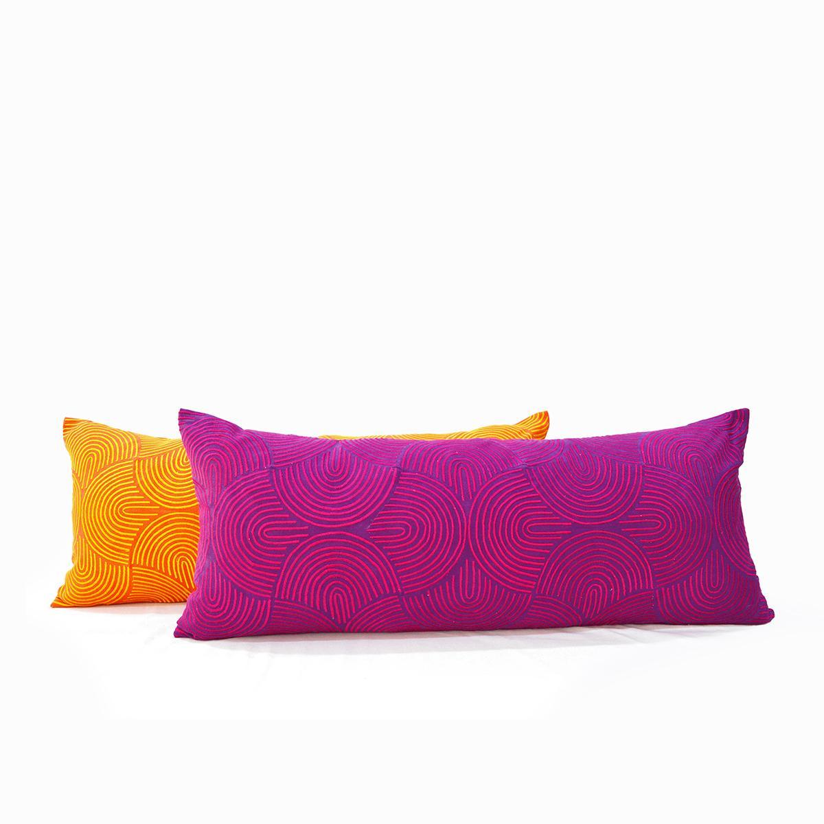 KASHIDAKAARI - Plum cotton long lumbar pillow cover with modern retro pattern embroidery, sizes available