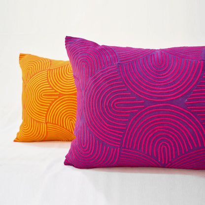 KASHIDAKAARI - Plum cotton long lumbar pillow cover with modern retro pattern embroidery, sizes available