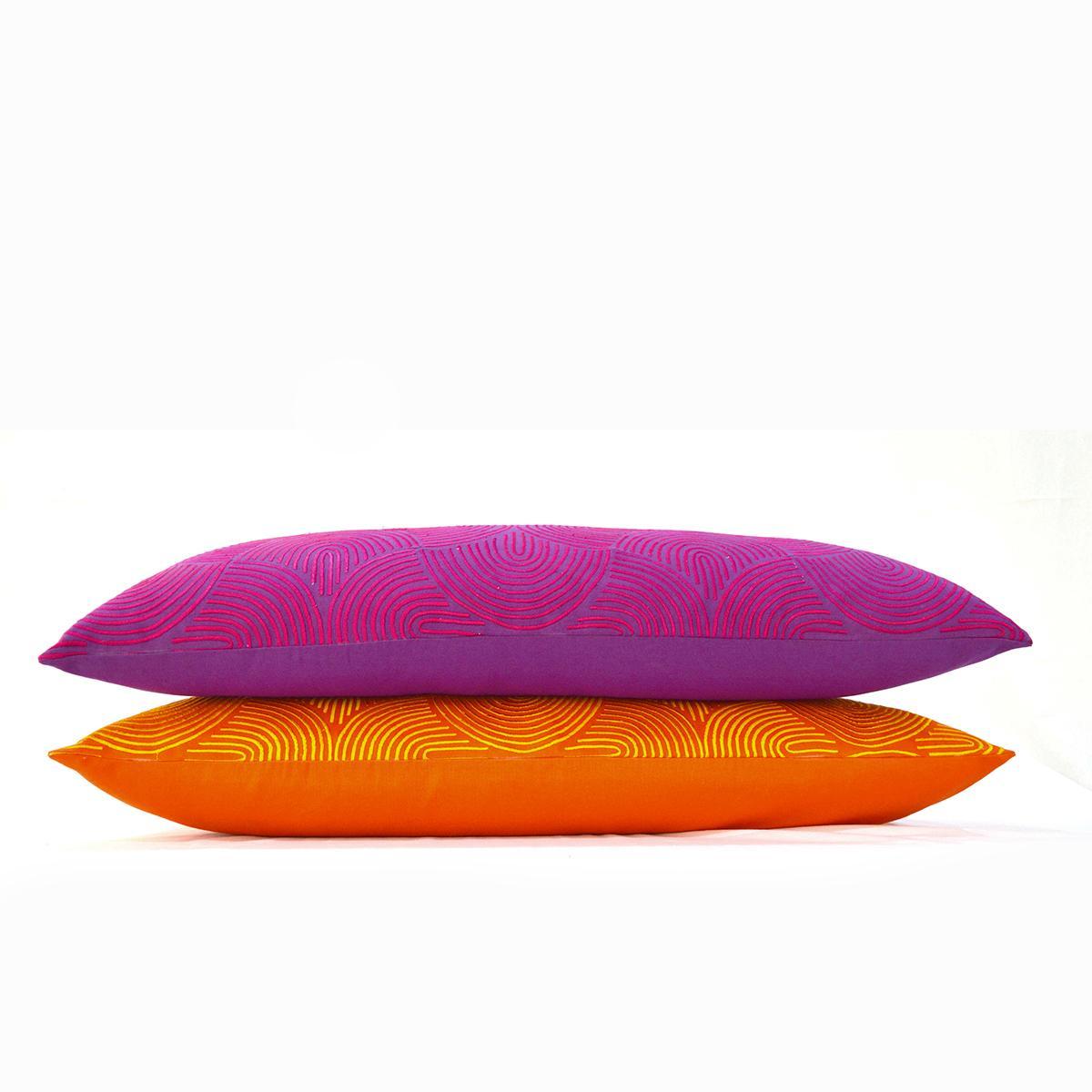 KASHIDAKAARI - Plum cotton long lumbar pillow cover with modern retro pattern embroidery, sizes available