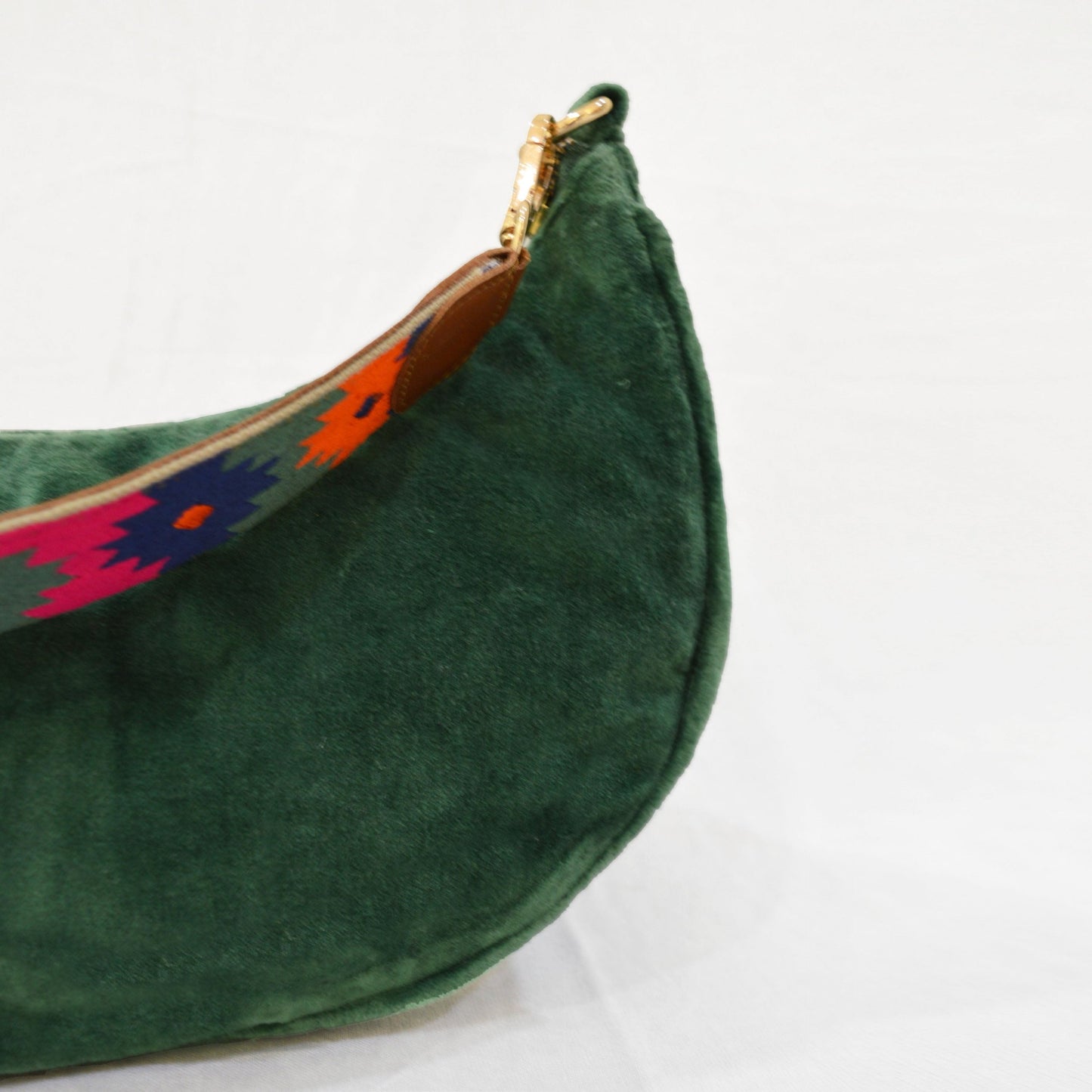 GREEN VELVET half moon crescent purse, reversible, detachable embroidered leather handles, 13(w)X6.5(ht) inches