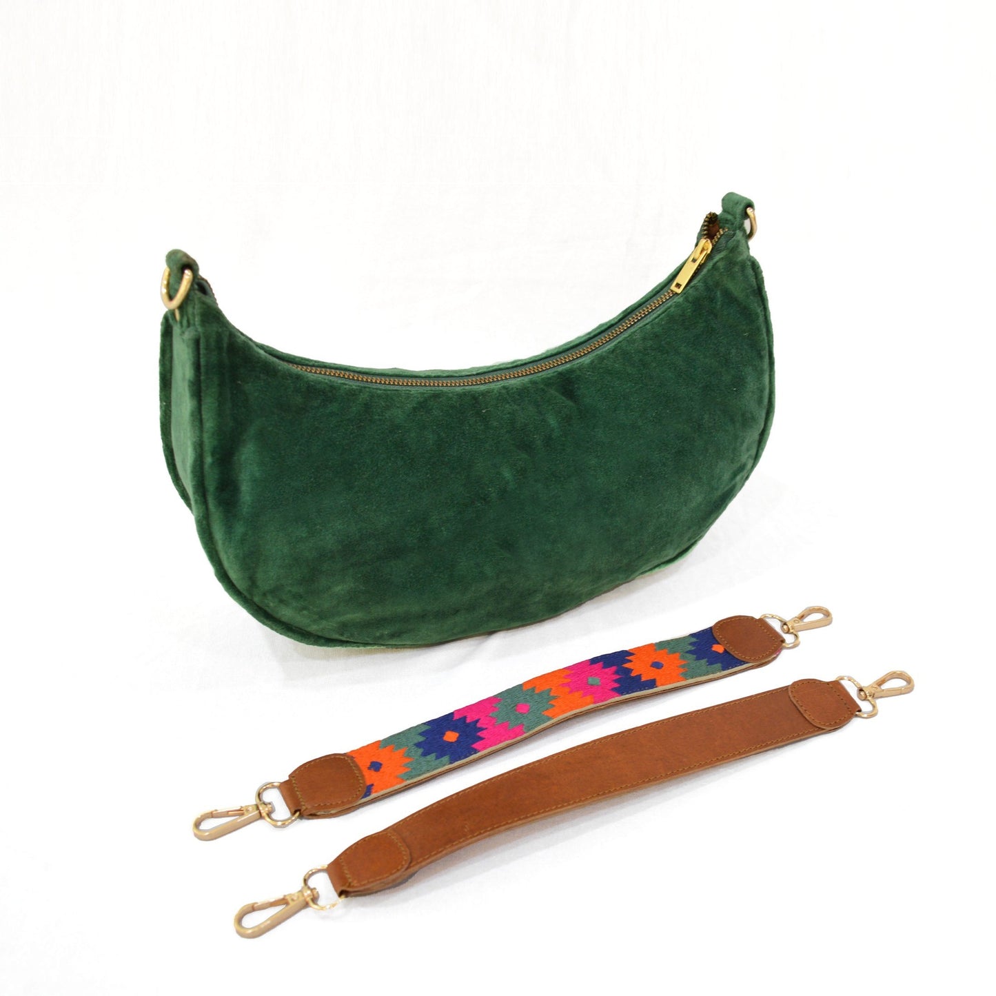 GREEN VELVET half moon crescent purse, reversible, detachable embroidered leather handles, 13(w)X6.5(ht) inches