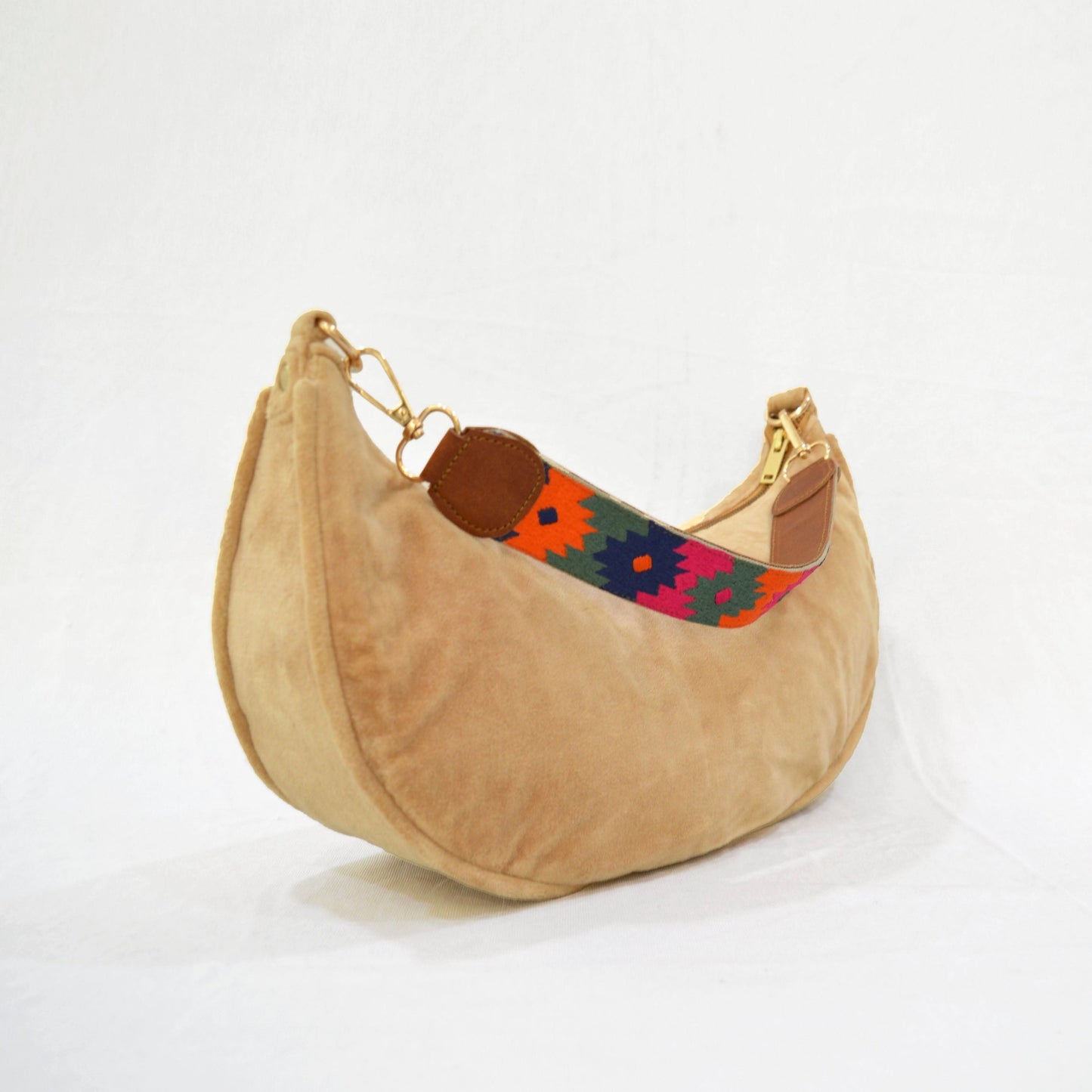 BEIGE VELVET half moon crescent purse, reversible, detachable embroidered leather handles, 13 w X6.5 ht inches