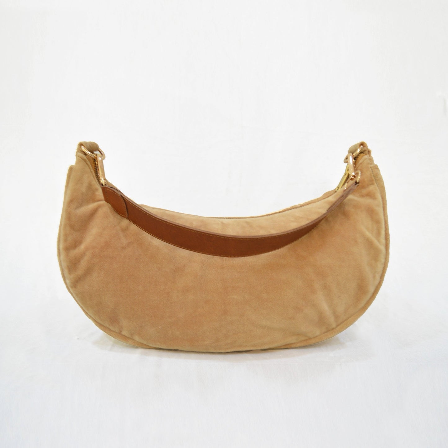 BEIGE VELVET half moon crescent purse, reversible, detachable embroidered leather handles, 13 w X6.5 ht inches