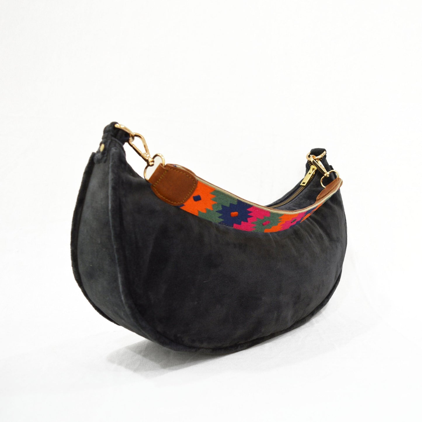 BLACK VELVET half moon crescent purse, reversible, detachable embroidered leather handles, 13 w X6.5 ht inches