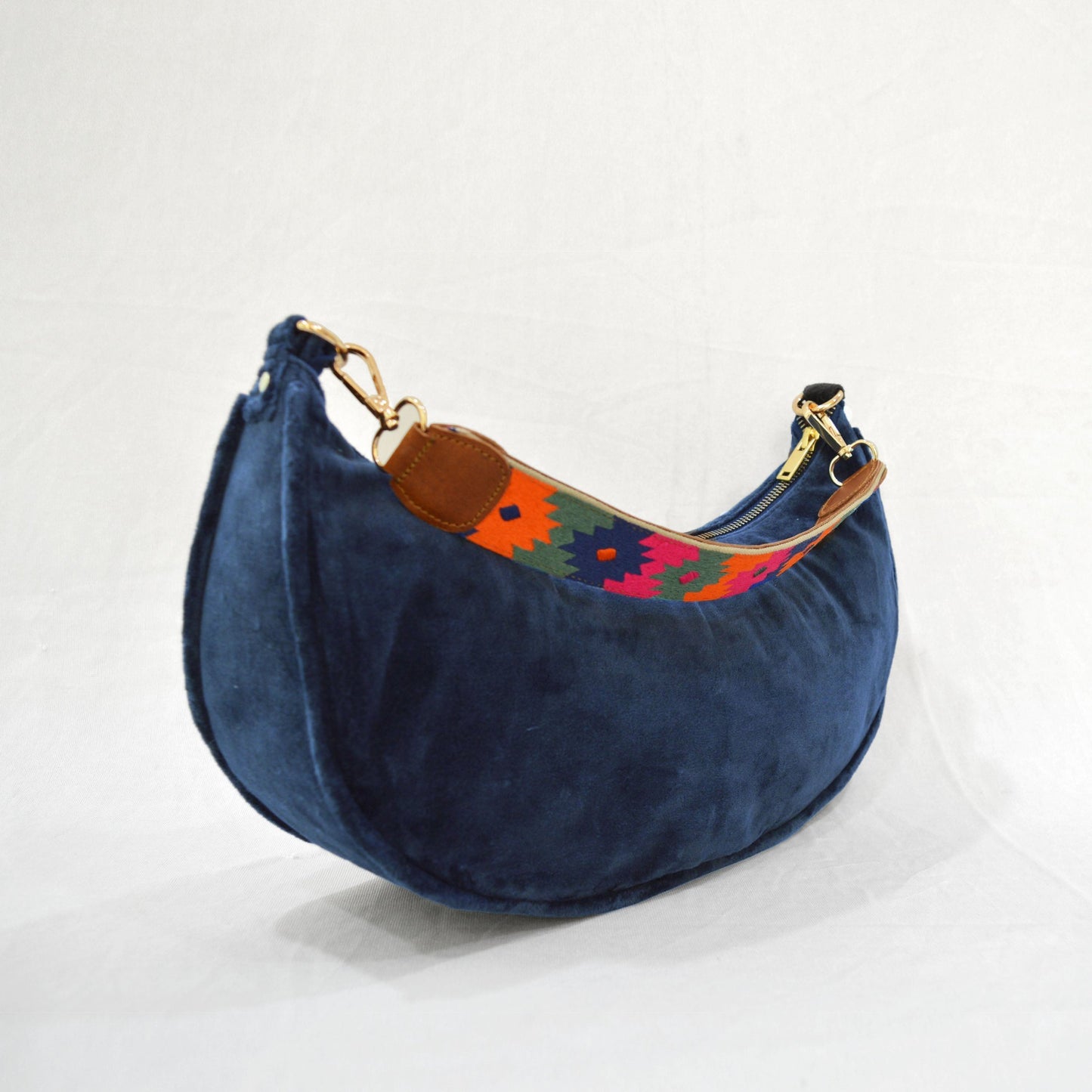 BLUE VELVET half moon crescent purse, reversible, detachable embroidered leather handles, 13 w X6.5 ht inches