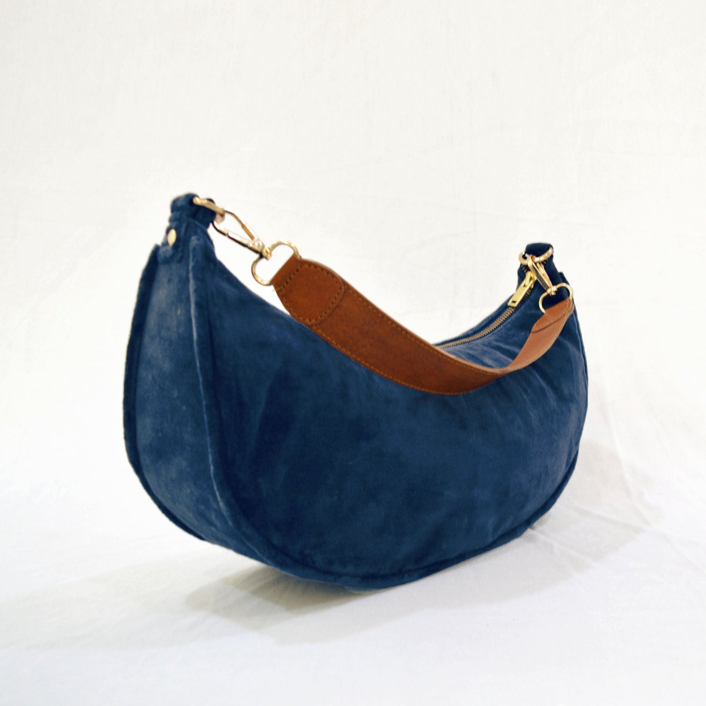 BLUE VELVET half moon crescent purse, reversible, detachable embroidered leather handles, 13 w X6.5 ht inches