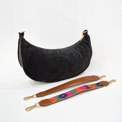 BLACK VELVET half moon crescent purse, reversible, detachable embroidered leather handles, 13(w)X6.5(ht) inches