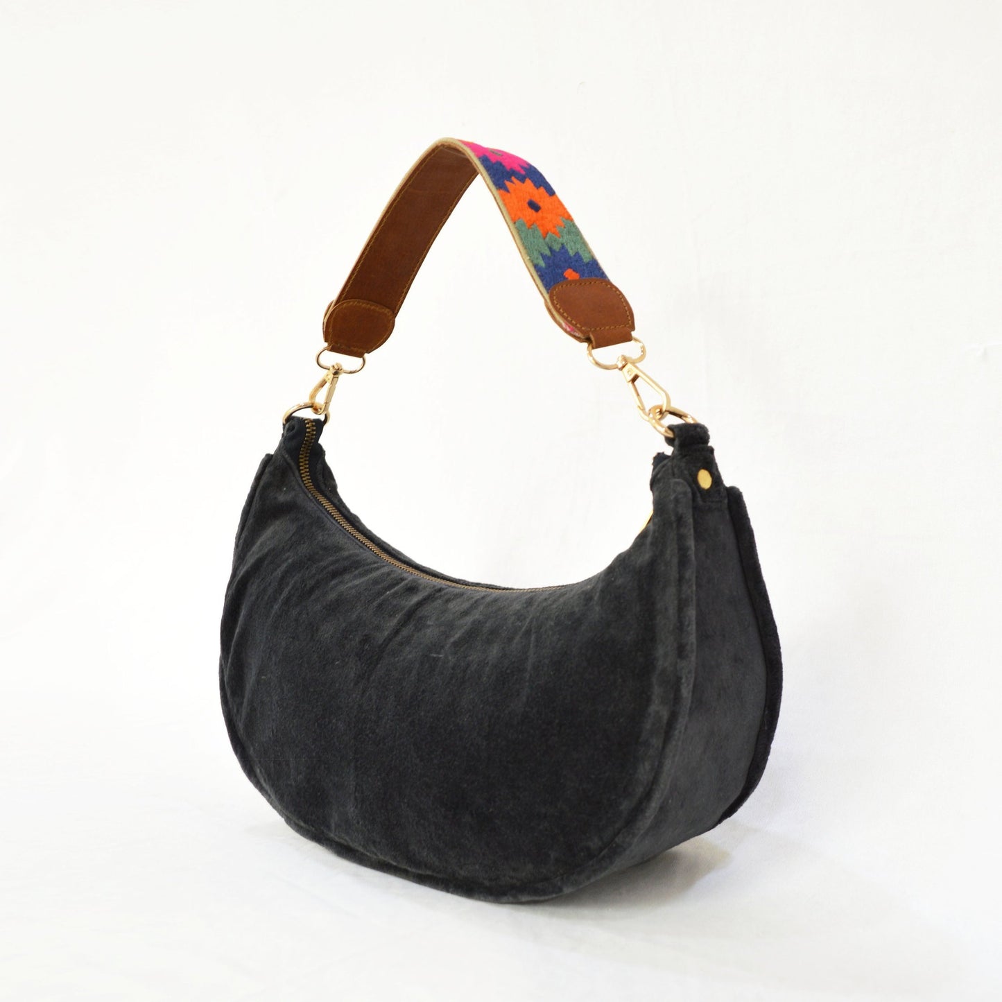 BLACK VELVET half moon crescent purse, reversible, detachable embroidered leather handles, 13(w)X6.5(ht) inches