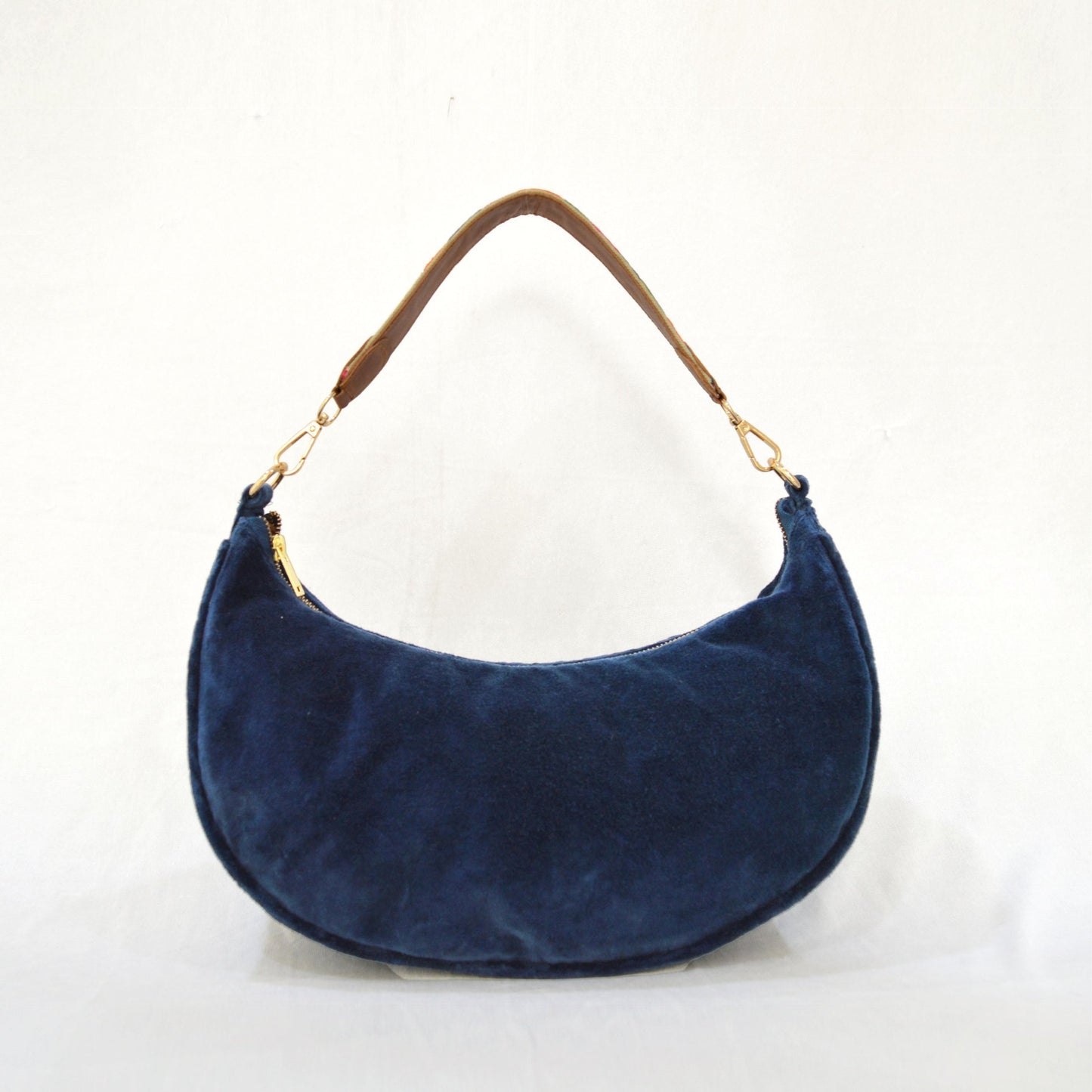BLUE VELVET half moon crescent purse, reversible, detachable embroidered leather handles, 13 w X6.5 ht inches