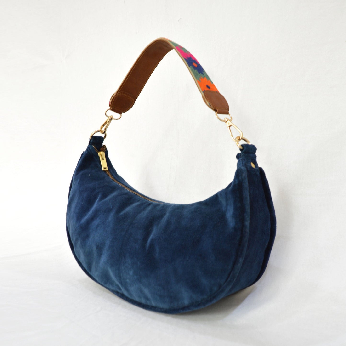 BLUE VELVET half moon crescent purse, reversible, detachable embroidered leather handles, 13 w X6.5 ht inches