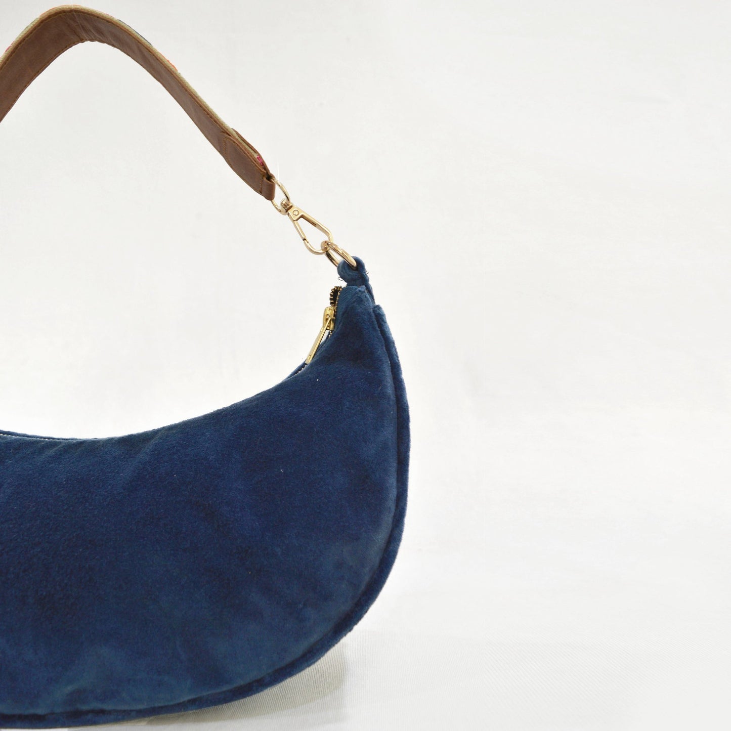 BLUE VELVET half moon crescent purse, reversible, detachable embroidered leather handles, 13 w X6.5 ht inches