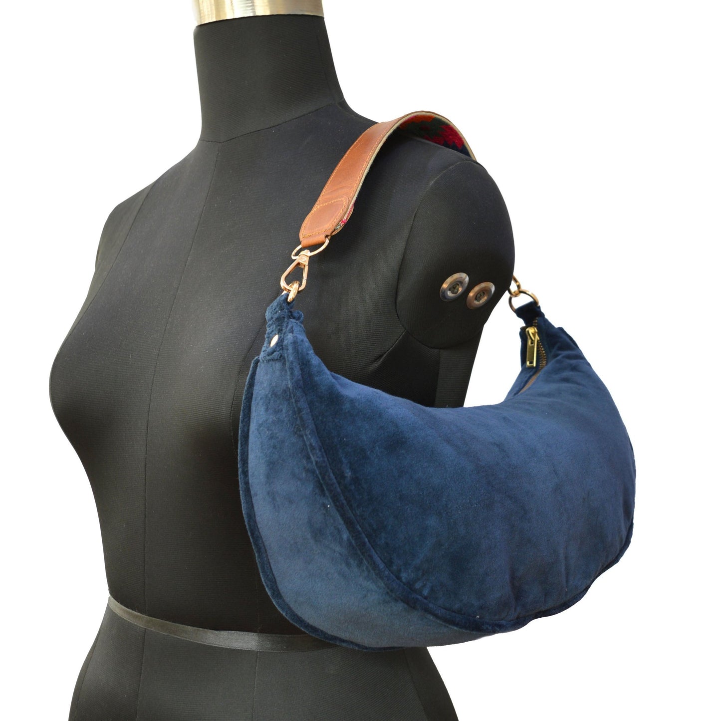 BLUE VELVET half moon crescent purse, reversible, detachable embroidered leather handles, 13 w X6.5 ht inches