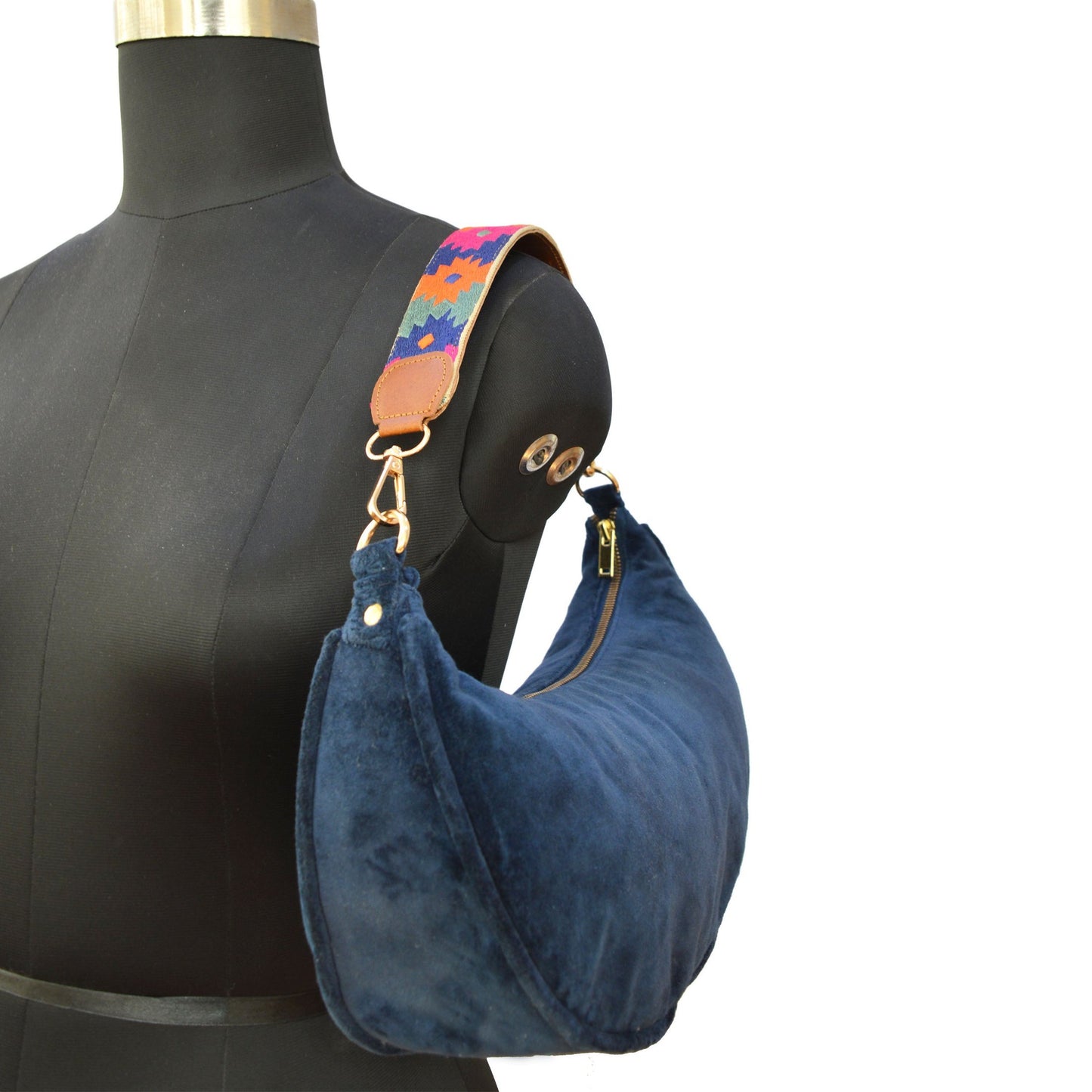 BLUE VELVET half moon crescent purse, reversible, detachable embroidered leather handles, 13 w X6.5 ht inches