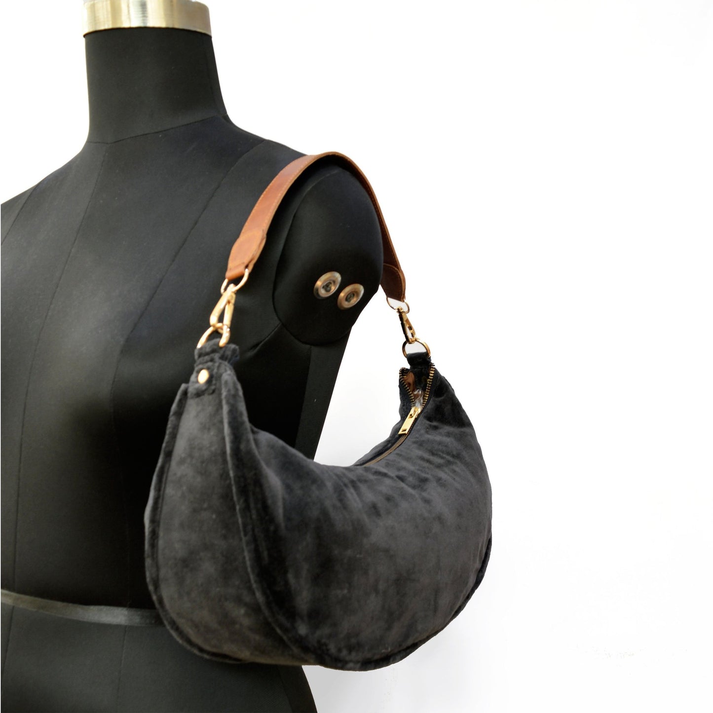 BLACK VELVET half moon crescent purse, reversible, detachable embroidered leather handles, 13(w)X6.5(ht) inches