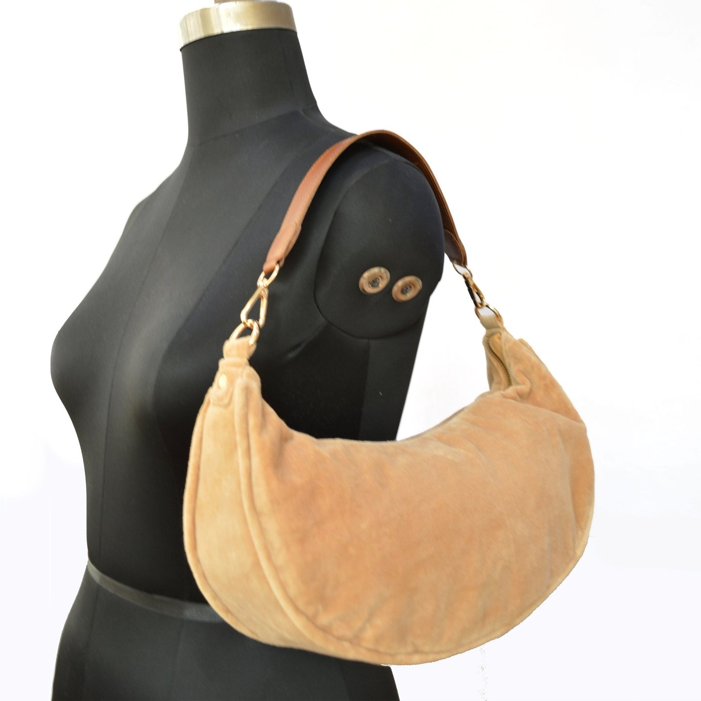 BEIGE VELVET half moon crescent purse, reversible, detachable embroidered leather handles, 13 w X6.5 ht inches
