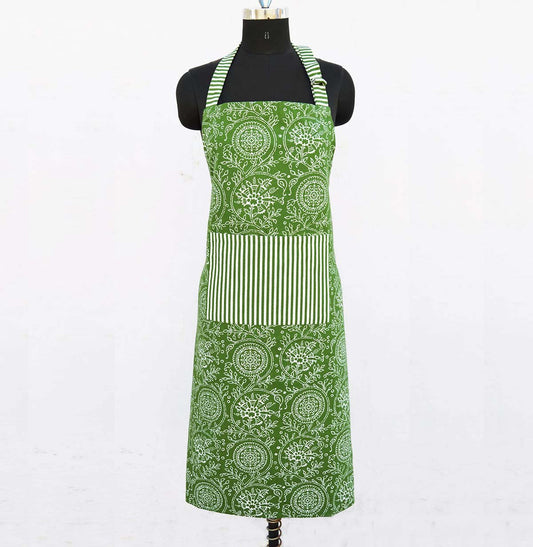 Green apron, kalamkari print, kitchen accessory, size 27X 35 inches