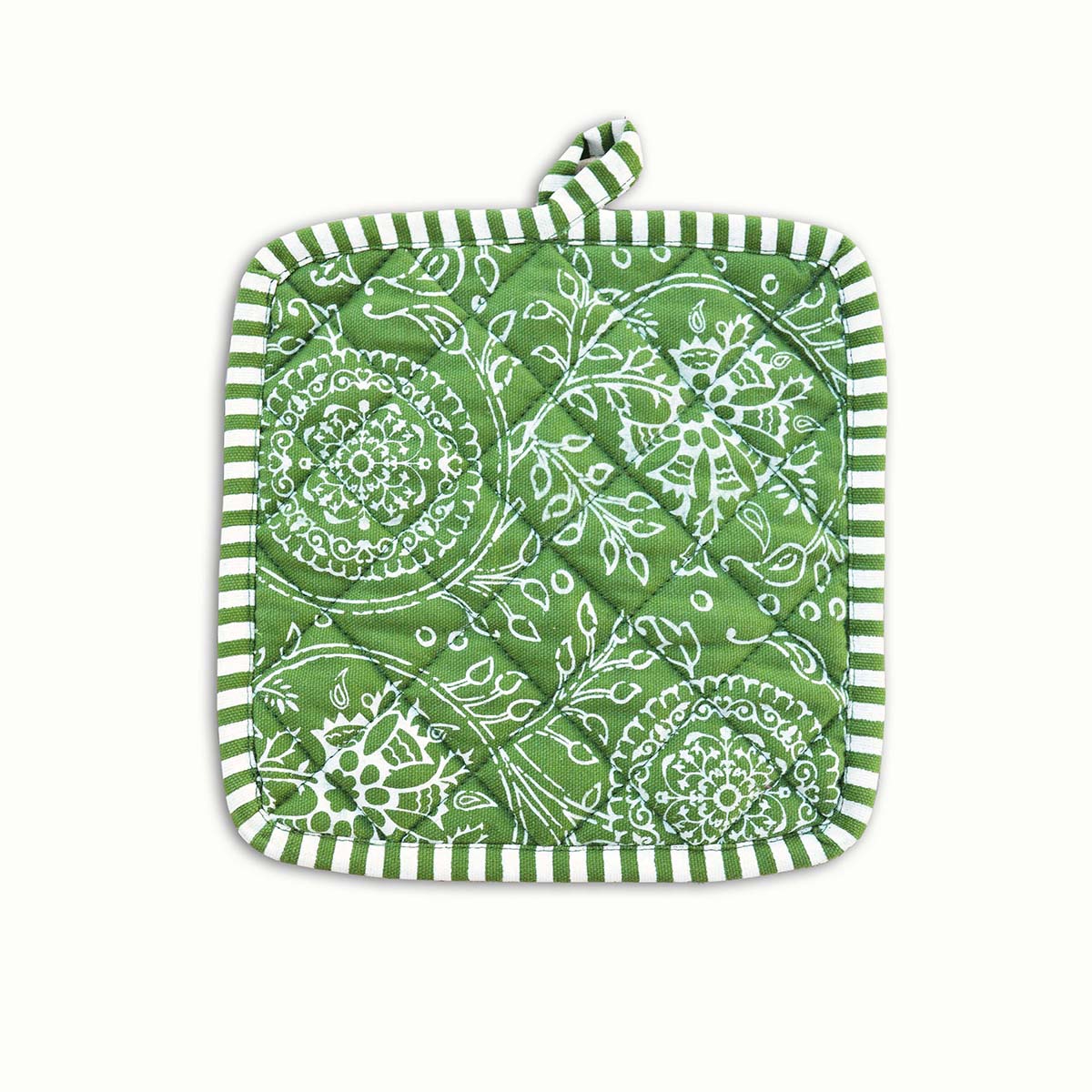Green oven mitt, quilted glove, kalamkari print, kitchen accessory, 100% cotton