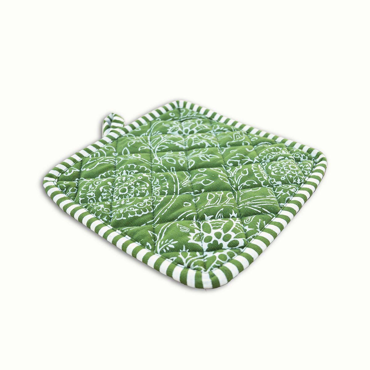 Green oven mitt, quilted glove, kalamkari print, kitchen accessory, 100% cotton