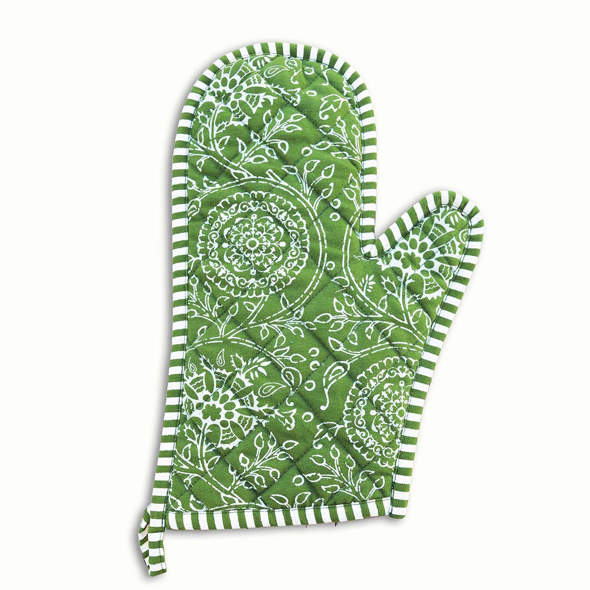 Green oven mitt, quilted glove, kalamkari print, kitchen accessory, 100% cotton