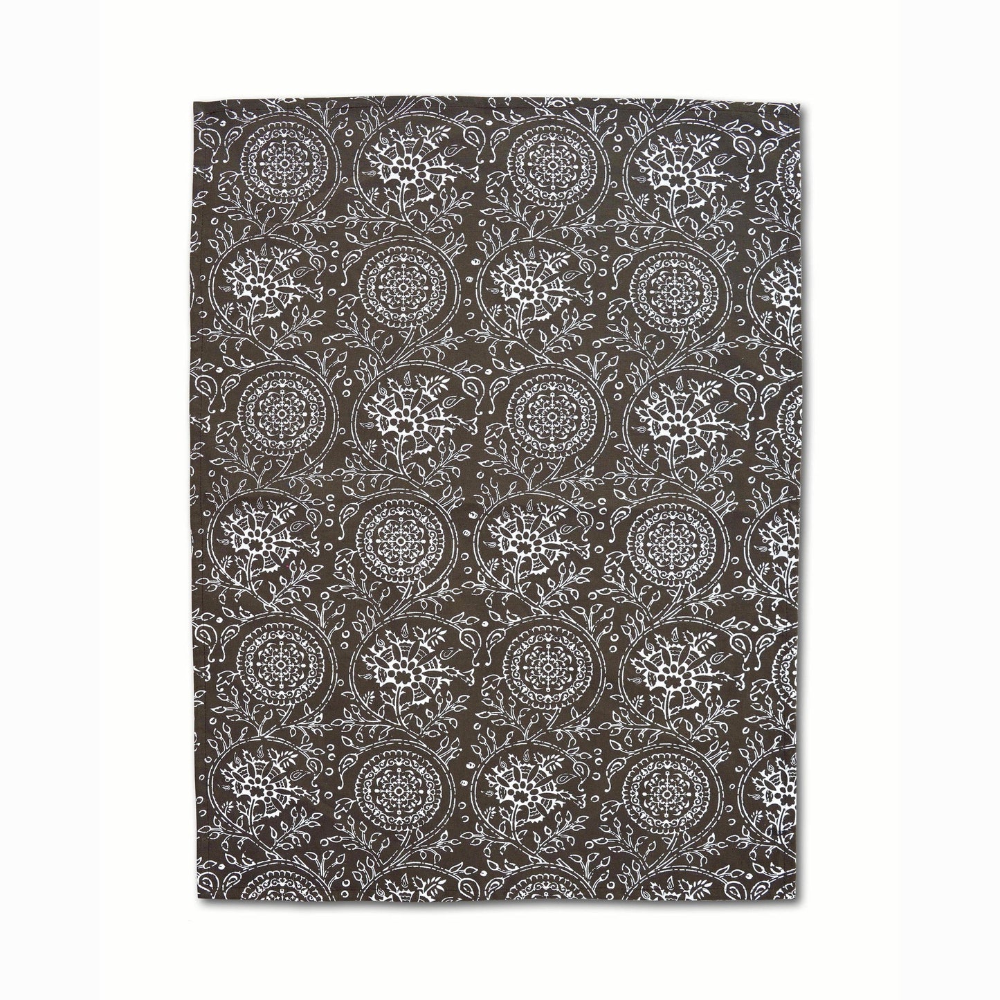 KALAMKARI Dark brown Kitchen Towel, floral print, Indian ethnic, printed Tea Towel, 100% cotton, size 20X28 inches