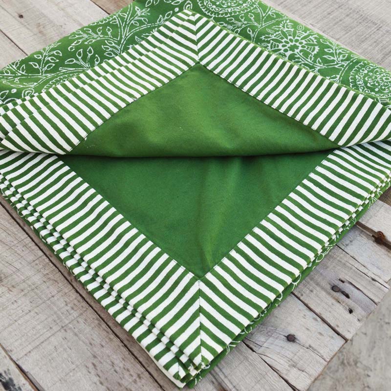 Green table cloth – kalamkari print with stripe print border, sizes available