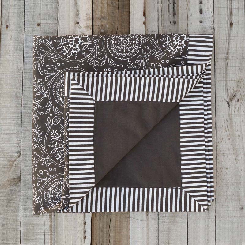 Brown table cloth - kalamkari print with stripe print border, sizes available