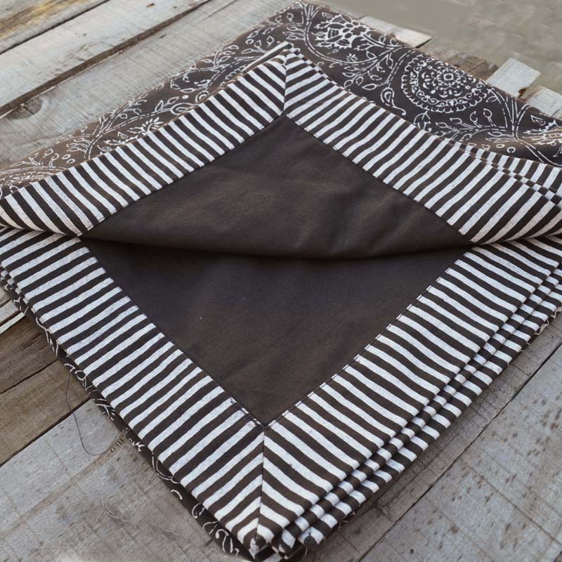 Brown table cloth - kalamkari print with stripe print border, sizes available