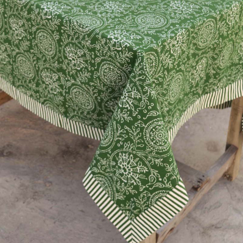 Green table cloth – kalamkari print with stripe print border, sizes available