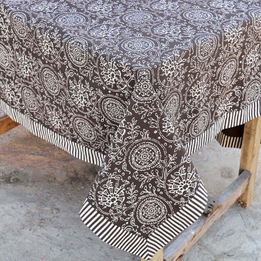 Brown table cloth - kalamkari print with stripe print border, sizes available