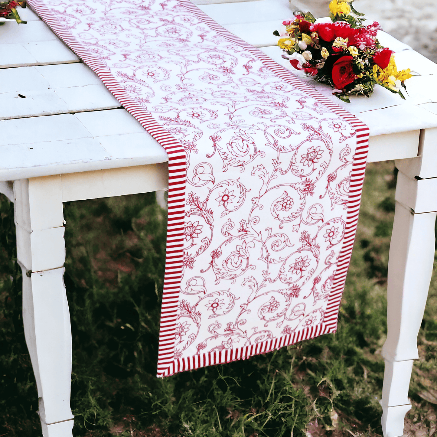 Red runner, swirl print, red stripe border, cotton table runner