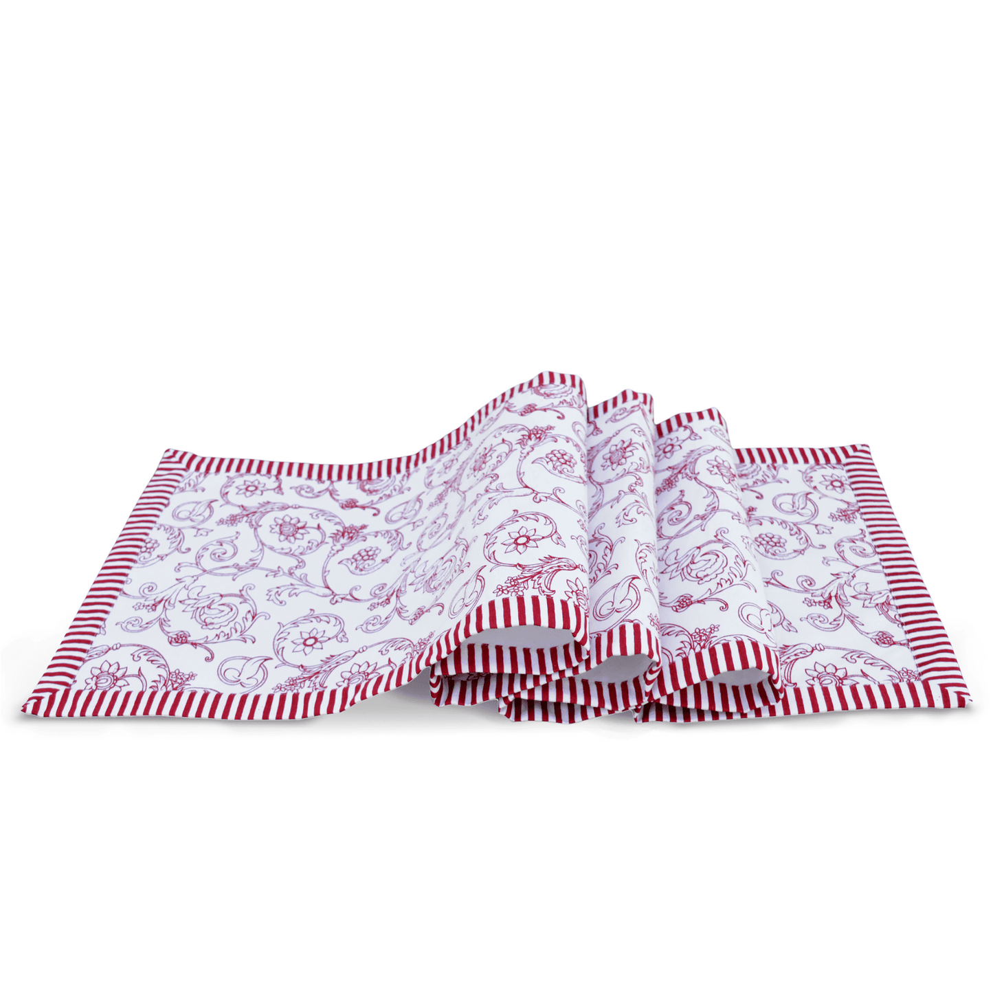 Red runner, swirl print, red stripe border, cotton table runner