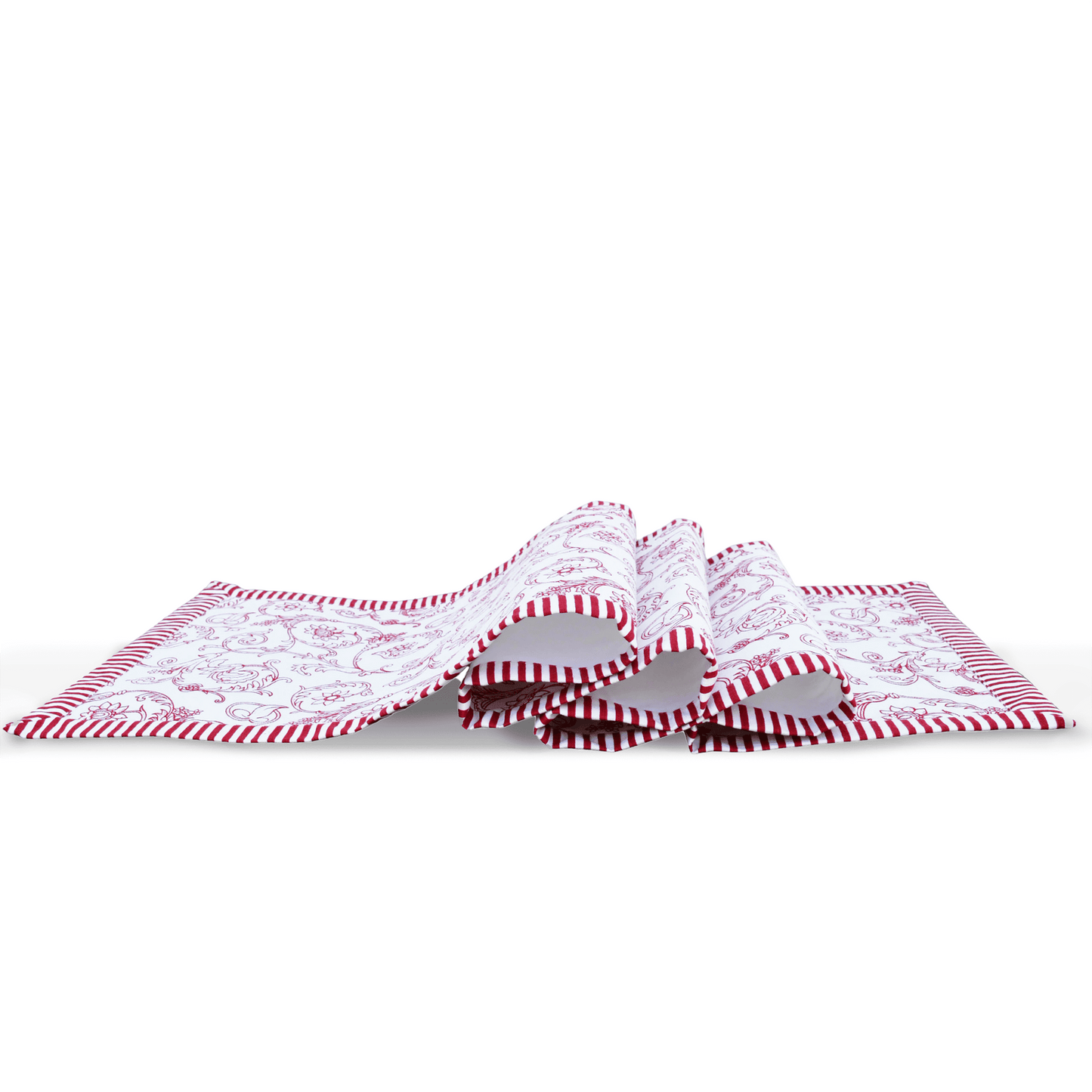 Red runner, swirl print, red stripe border, cotton table runner