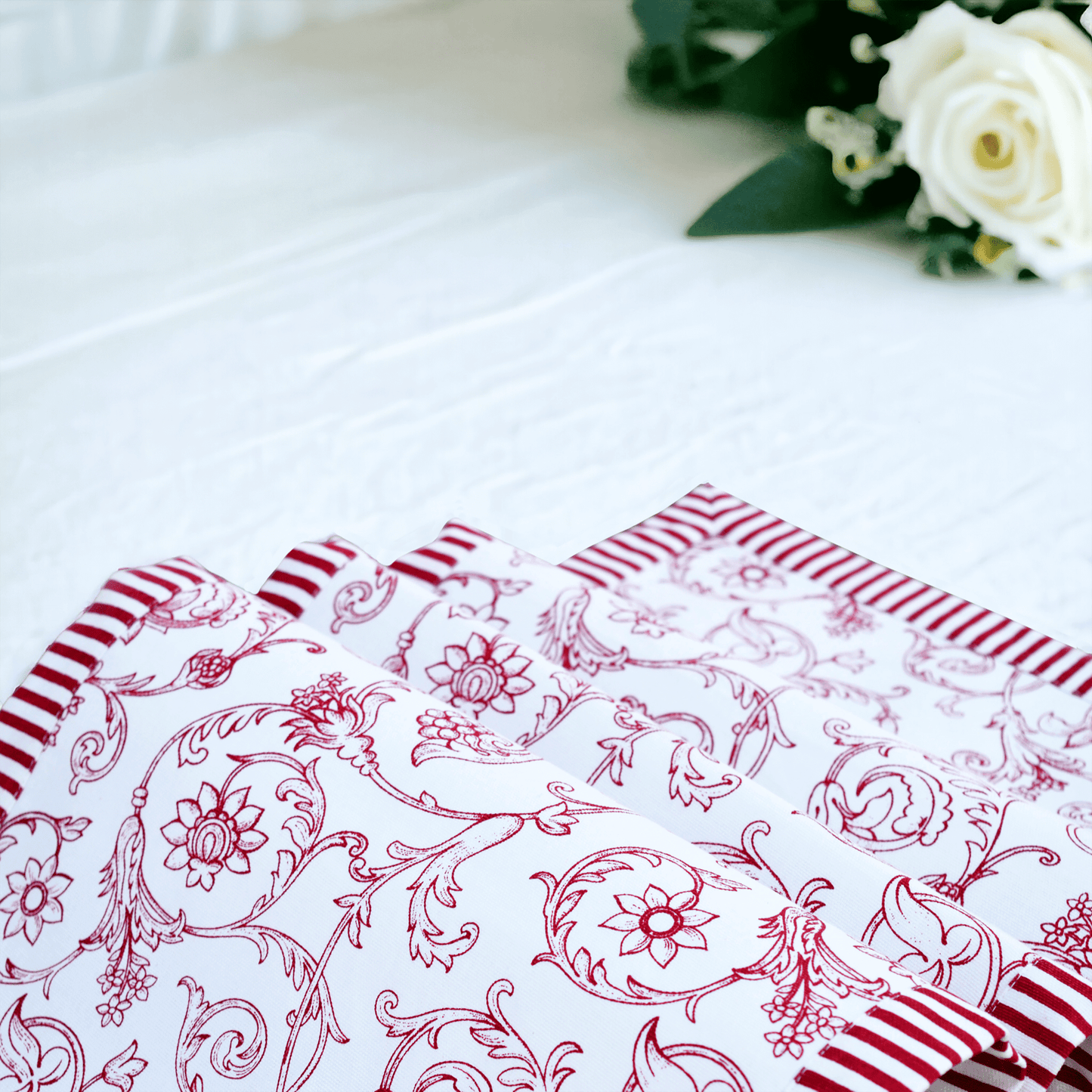 Red runner, swirl print, red stripe border, cotton table runner