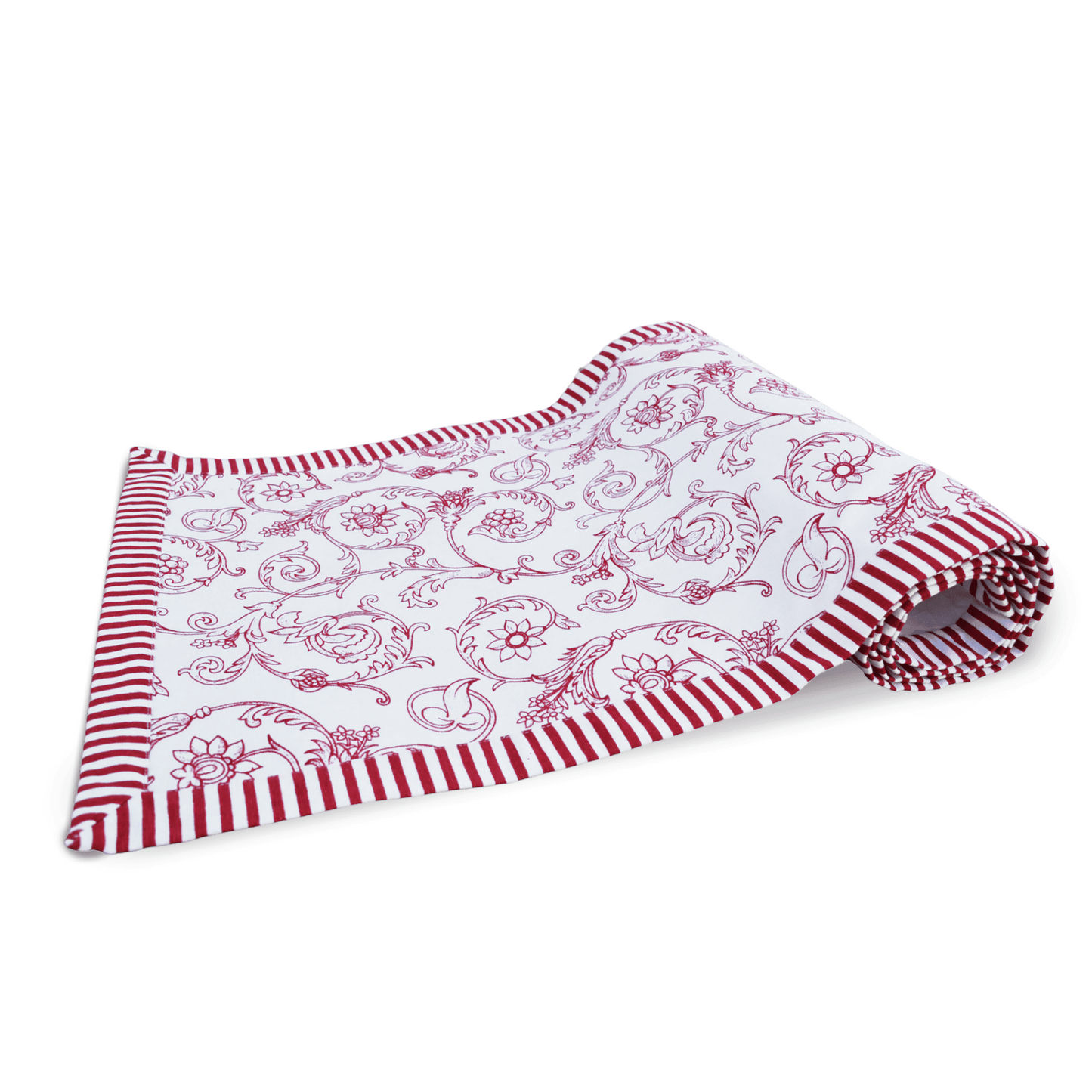 Red runner, swirl print, red stripe border, cotton table runner