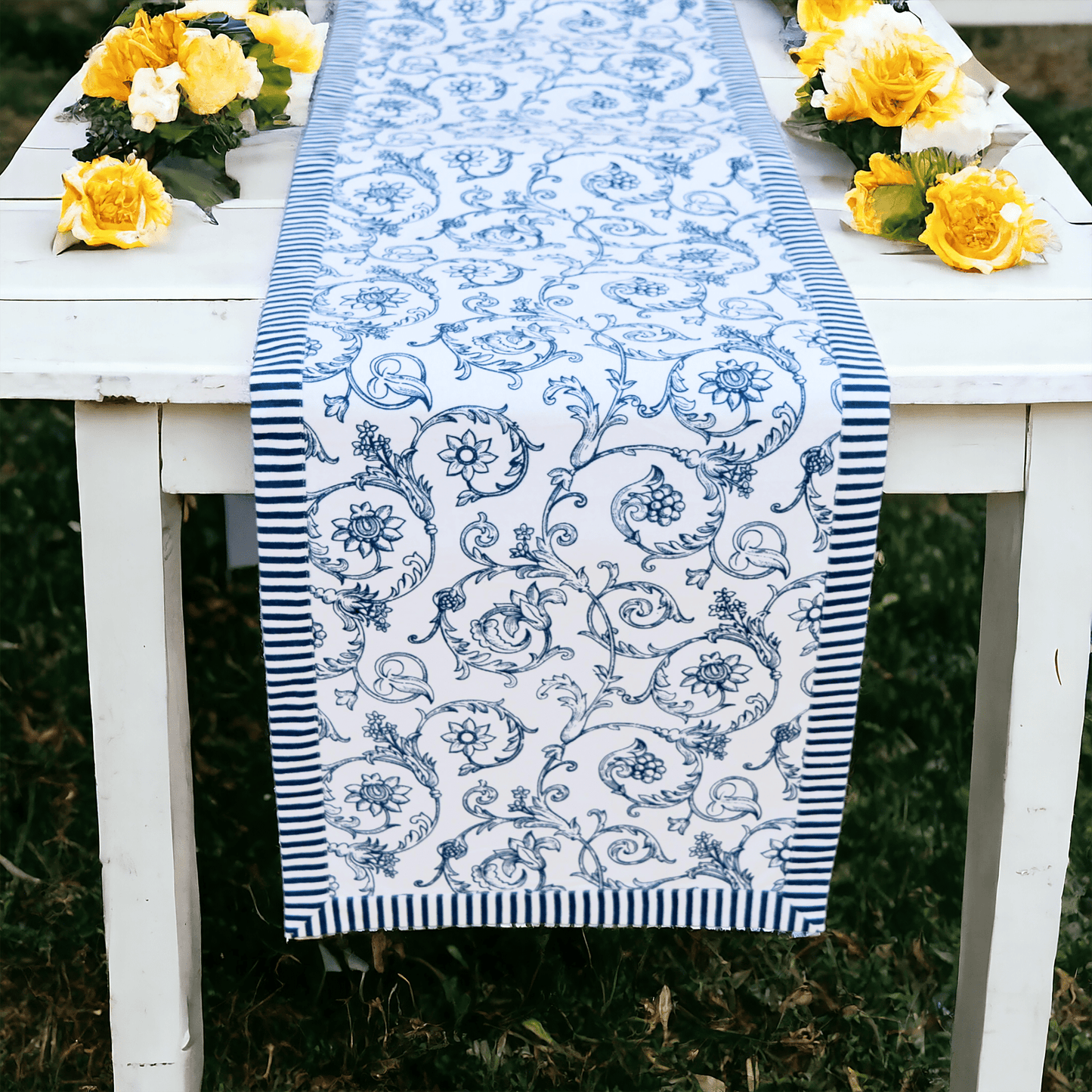 Blue runner, swirl print, blue stripe border, cotton table runner, victorian pattern, sizes available