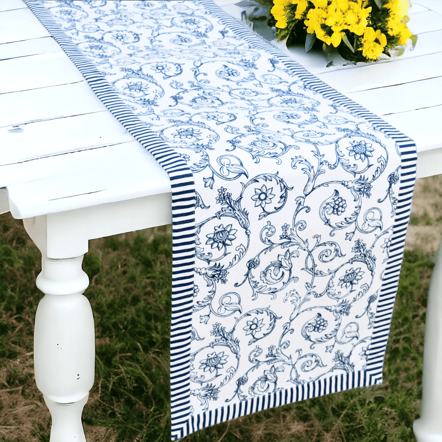 Blue runner, swirl print, blue stripe border, cotton table runner, victorian pattern, sizes available