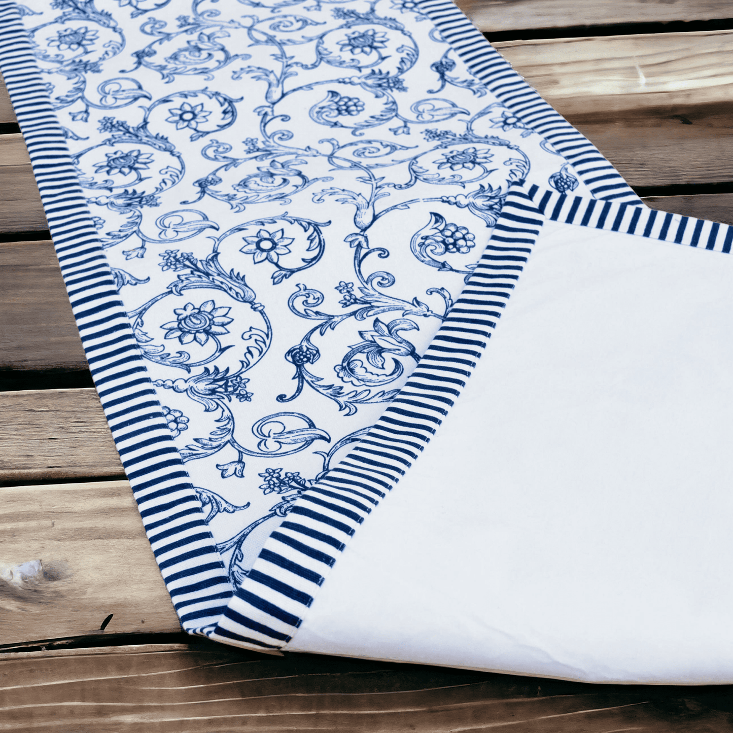 Blue runner, swirl print, blue stripe border, cotton table runner, victorian pattern, sizes available