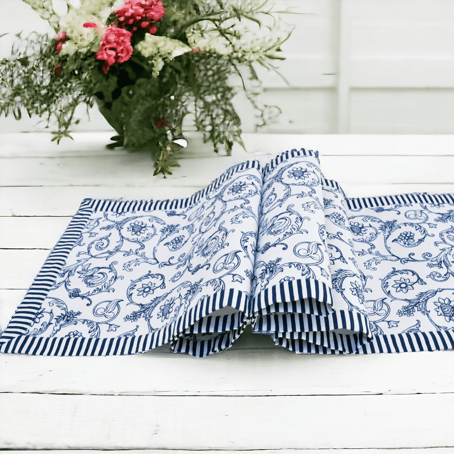 Blue runner, swirl print, blue stripe border, cotton table runner, victorian pattern, sizes available